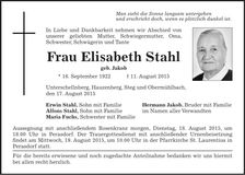 Traueranzeige Elisabeth Stahl
