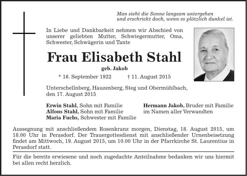 Traueranzeige Elisabeth Stahl