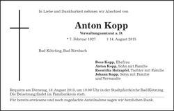 Traueranzeige Anton Kopp