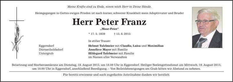 Traueranzeige Peter Franz