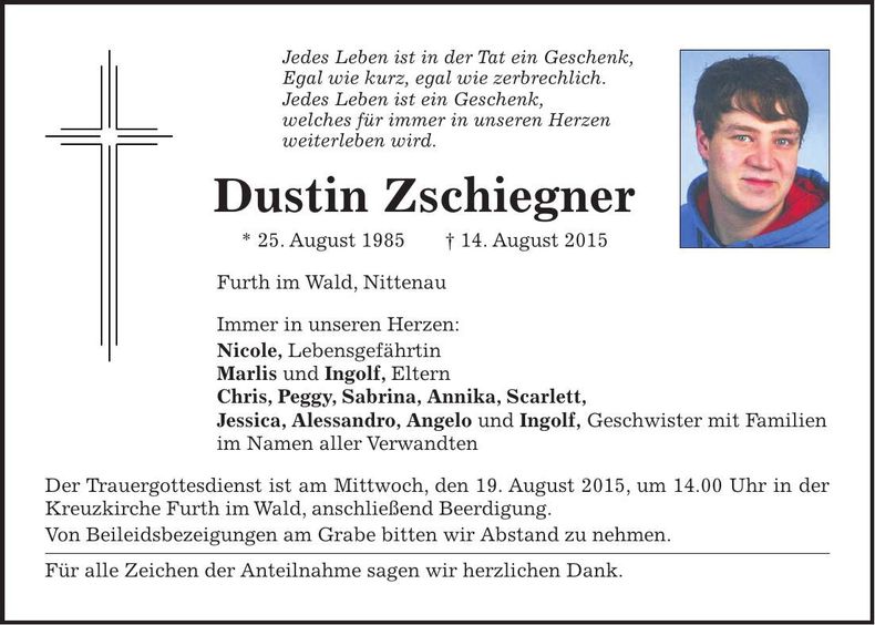 Traueranzeige Dustin Zschiegner