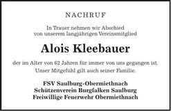 Traueranzeige Alois Kleebauer