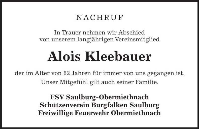 Traueranzeige Alois Kleebauer