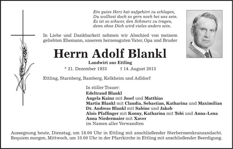 Traueranzeige Adolf Blankl