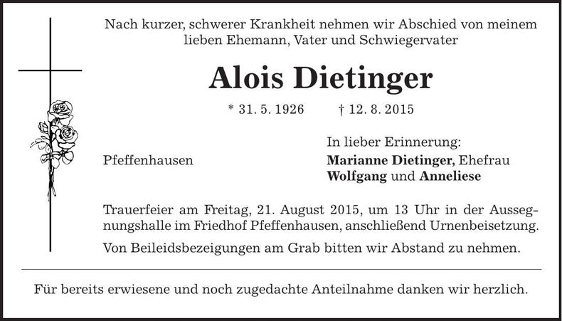 Traueranzeige Alois Dietinger
