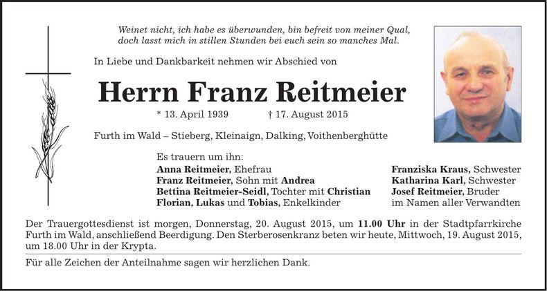 Traueranzeige Franz Reitmeier