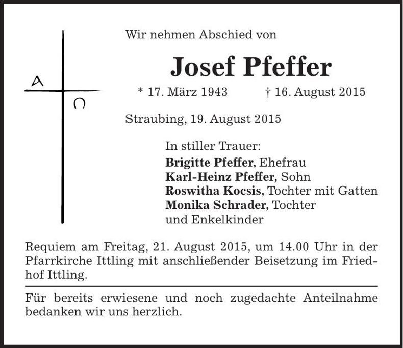 Traueranzeige Josef Pfeffer