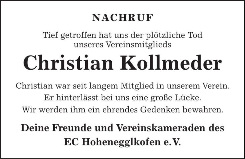 Traueranzeige Christian Kollmeder