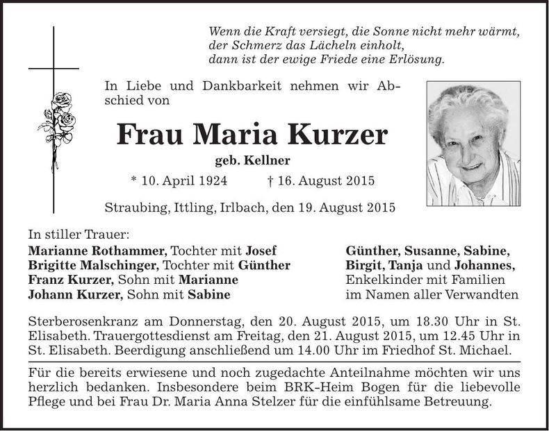 Traueranzeige Maria Kurzer