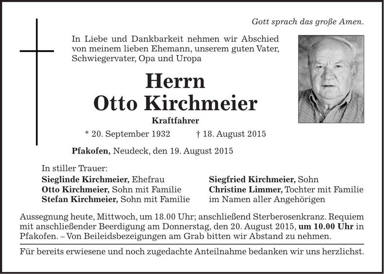 Traueranzeige Otto Kirchmeier