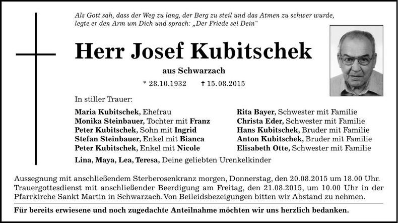 Traueranzeige Josef Kubitschek