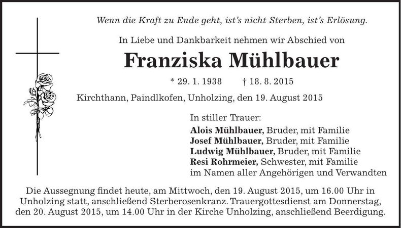 Traueranzeige Franziska Mühlbauer
