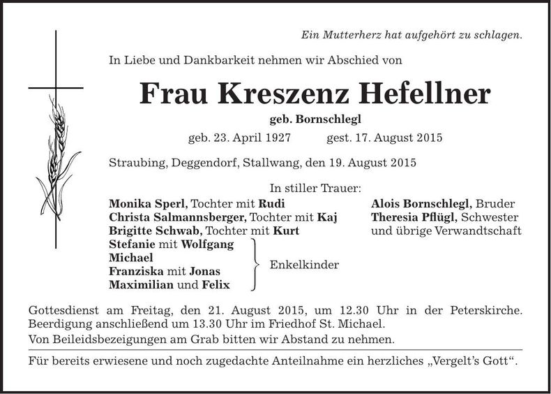 Traueranzeige Kreszenz Hefellner