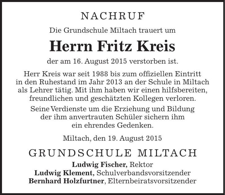 Traueranzeige Fritz Kreis