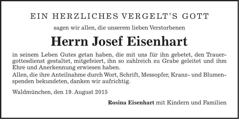 Traueranzeige Josef Eisenhart