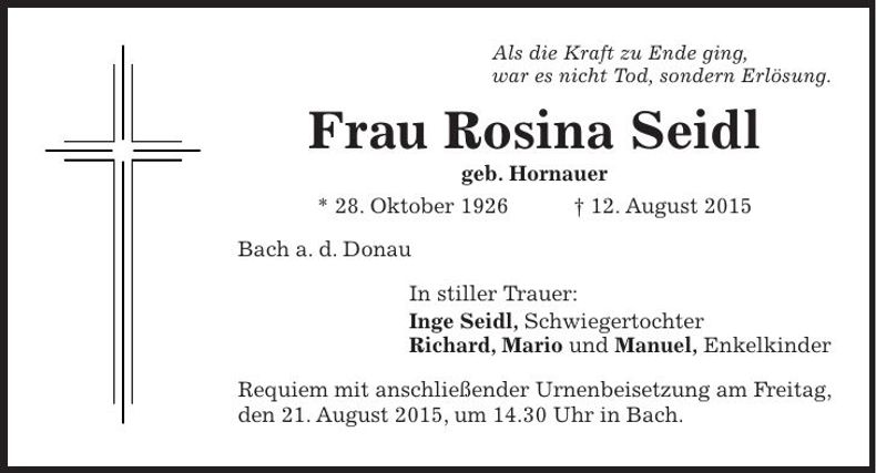 Traueranzeige Rosina Seidl