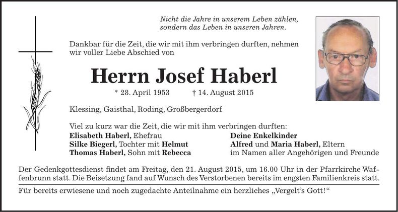 Traueranzeige Josef Haberl
