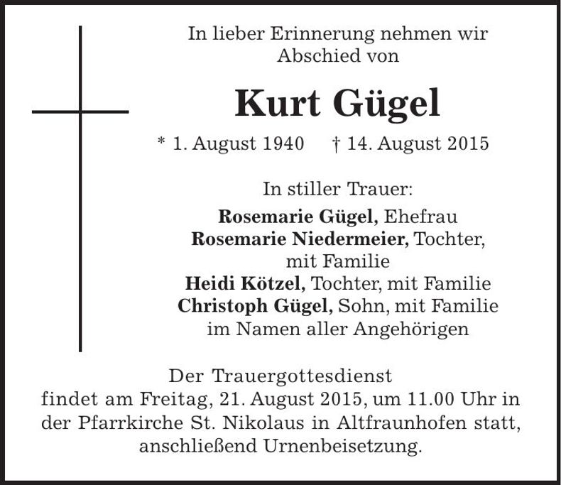 Traueranzeige Kurt Gügel