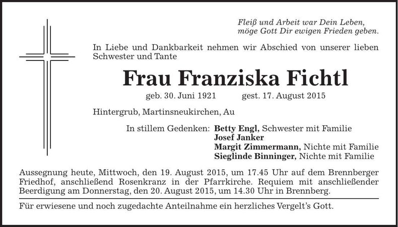 Traueranzeige Franziska Fichtl