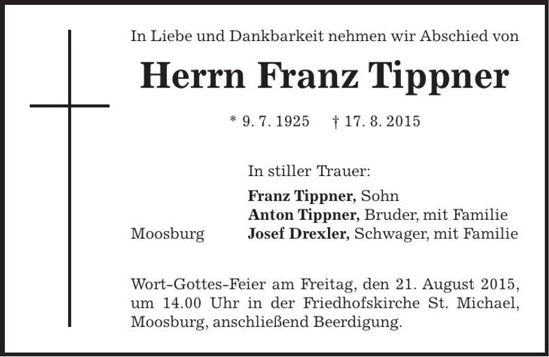 Traueranzeige Franz Tippner