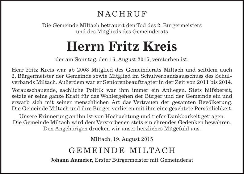 Traueranzeige Fritz Kreis