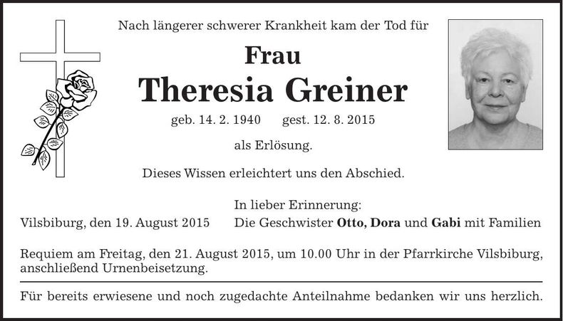 Traueranzeige Theresia Greiner