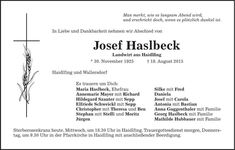 Traueranzeige Josef Haslbeck