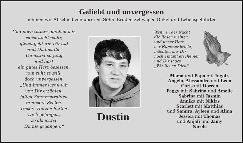 Traueranzeige Dustin Zschiegner