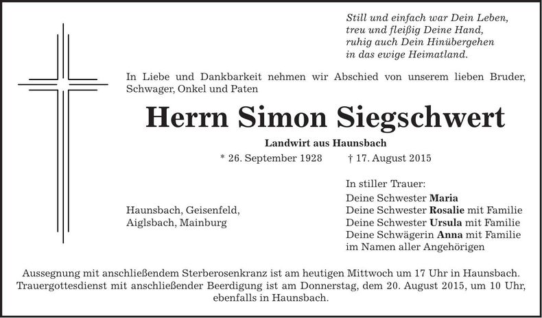 Traueranzeige Simon Siegschwert