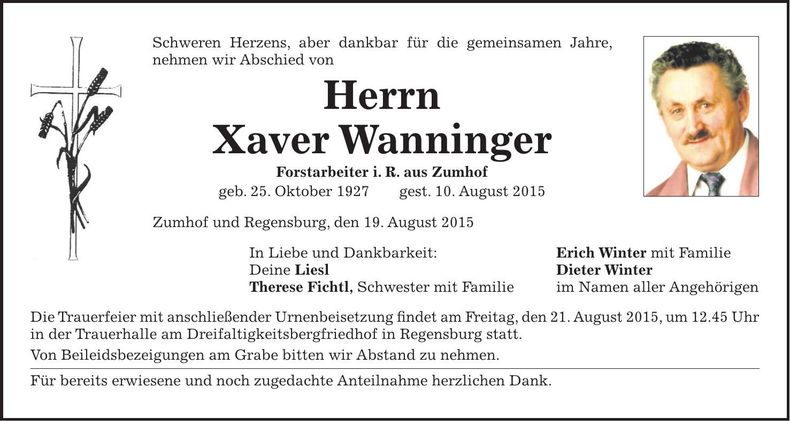 Traueranzeige Xaver Wanninger