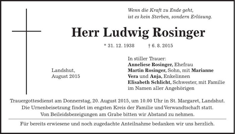 Traueranzeige Ludwig Rosinger