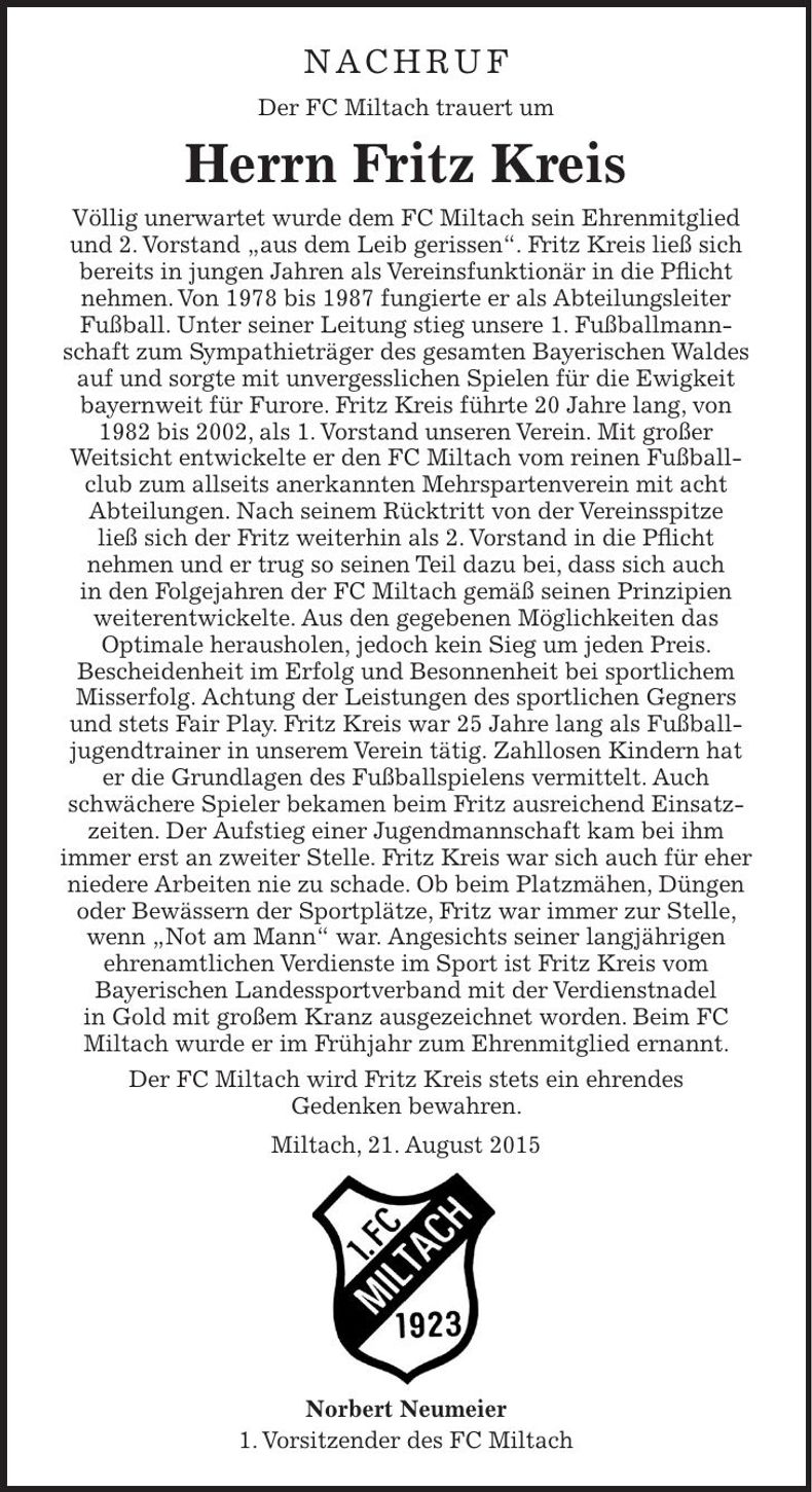 Traueranzeige Fritz Kreis
