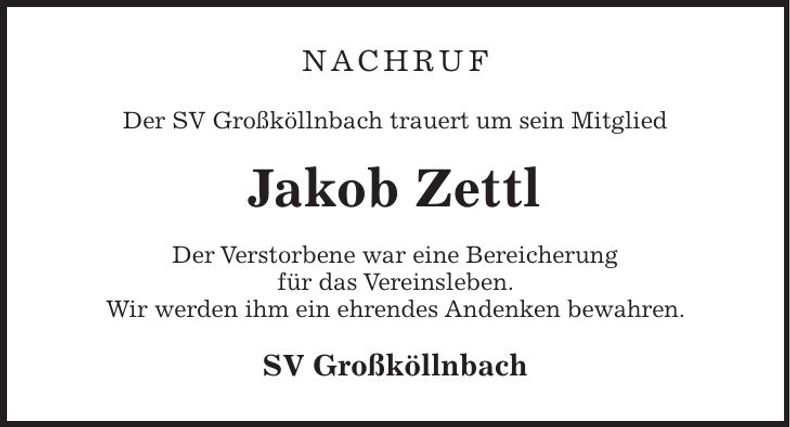 Traueranzeige Jakob Zettl