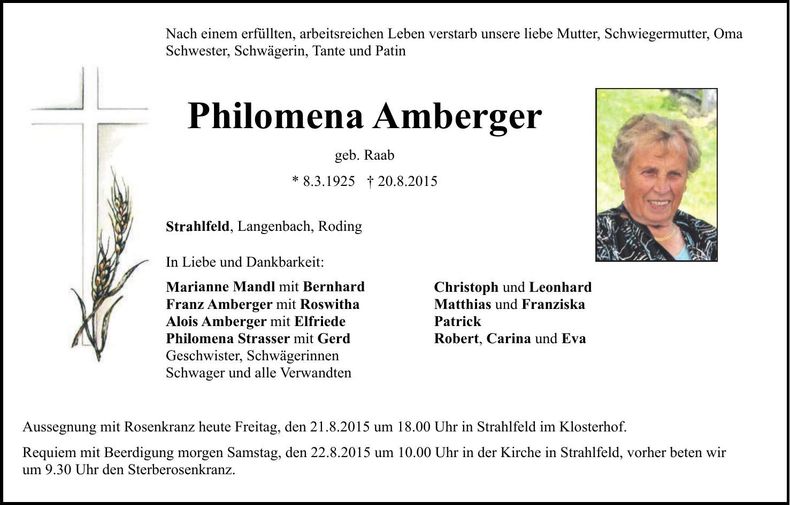 Traueranzeige Philomena Amberger