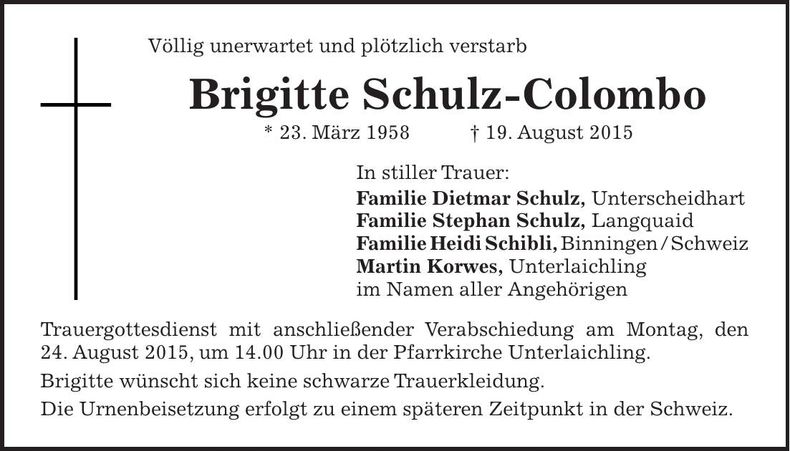 Traueranzeige Brigitte Schulu-Colombo