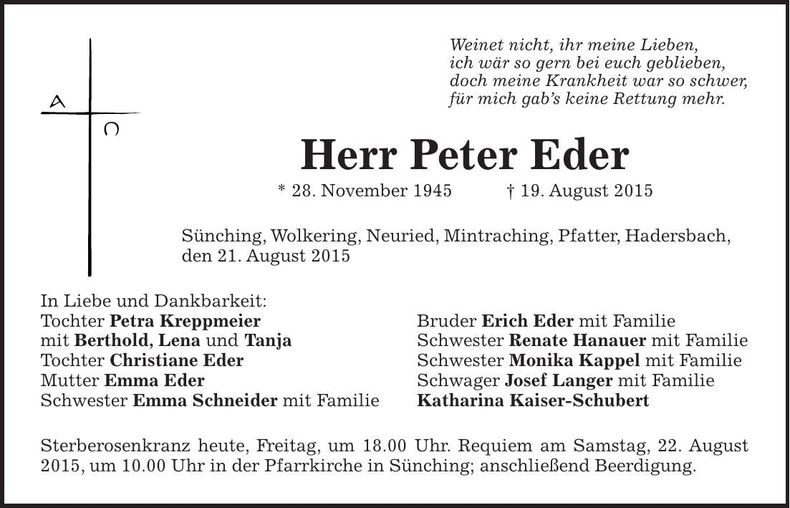 Traueranzeige Peter Eder