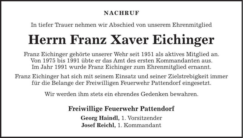 Traueranzeige Franz Xaver Eichinger