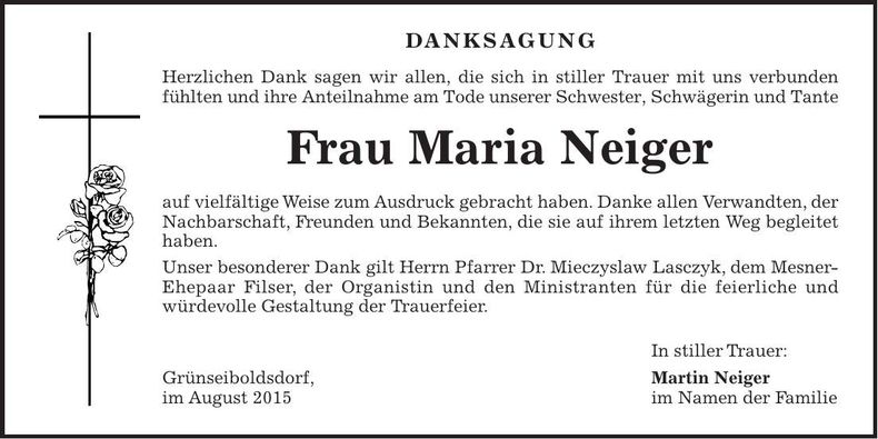 Traueranzeige Maria Neiger