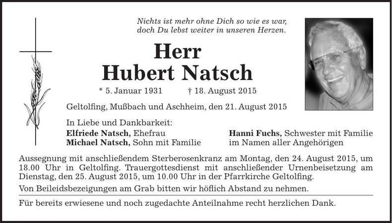 Traueranzeige Hubert Natsch