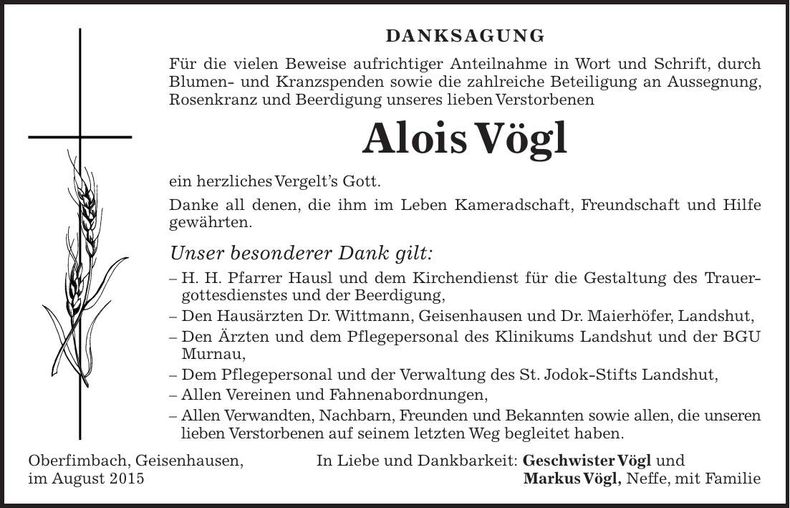 Traueranzeige Alois Vögl