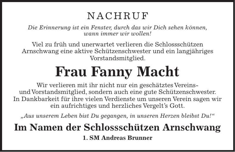 Traueranzeige Fanny Macht
