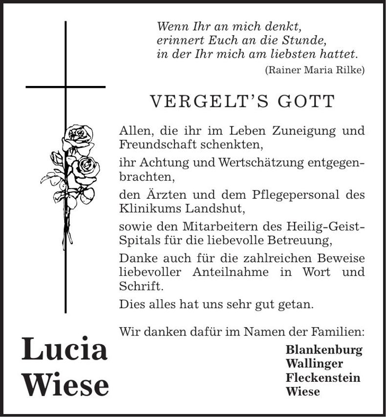 Traueranzeige Lucia Wiese