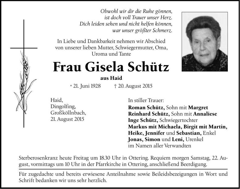 Traueranzeige Gisela Schütz