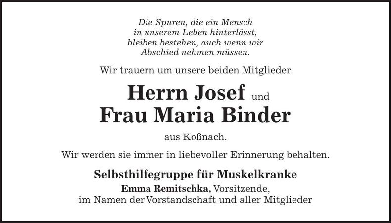 Traueranzeige Josef und Maria Binder