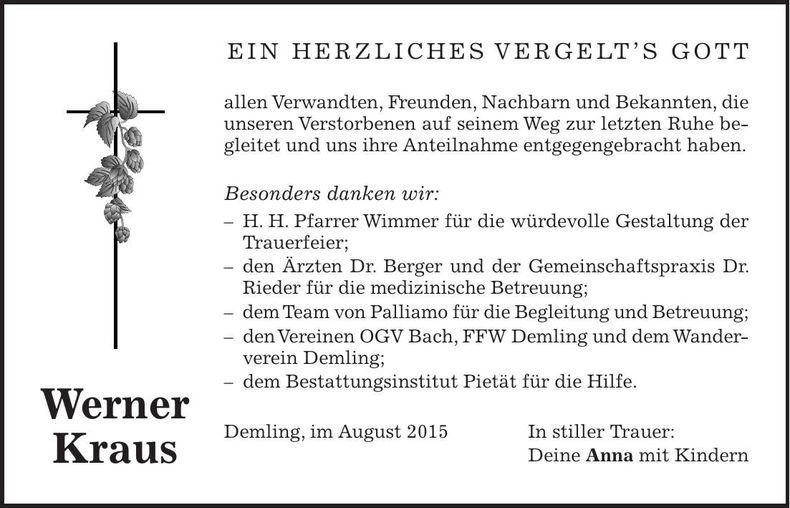 Traueranzeige Werner Kraus