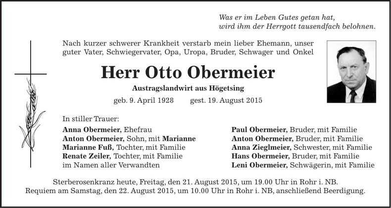 Traueranzeige Otto Obermeier