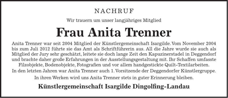 Traueranzeige Anita Trenner
