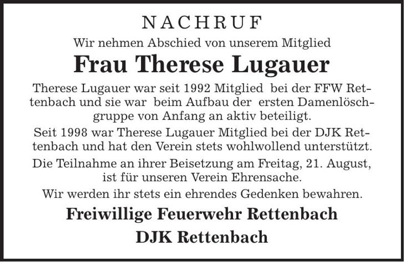 Traueranzeige Therese Lugauer