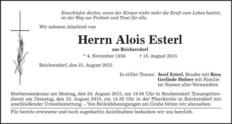 Traueranzeige Alois Esterl