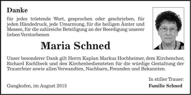 Traueranzeige Maria Schned